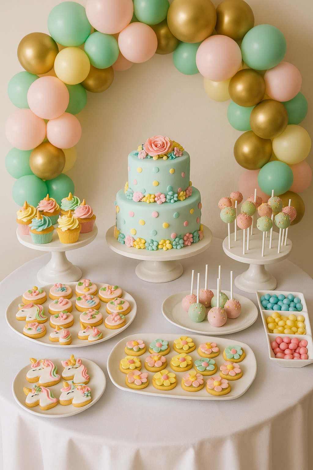 Mesa dulce decorada para cumpleaños de niña con temática de unicornio, globos pastel, tarta artesanal, cupcakes, cakepops y galletas personalizadas en Madrid.