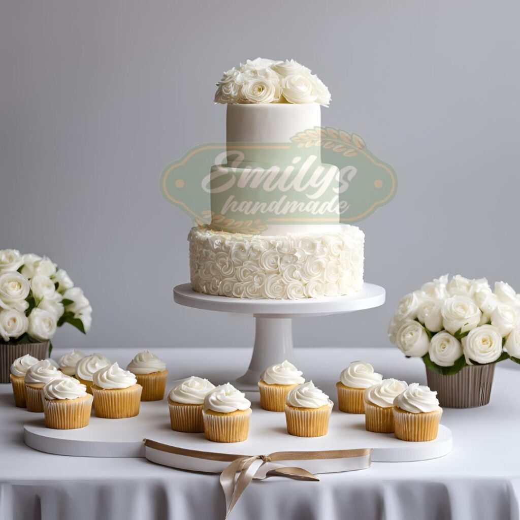 Mesa dulce de boda con tarta nupcial y decoración elegante en blanco para eventos en Madrid