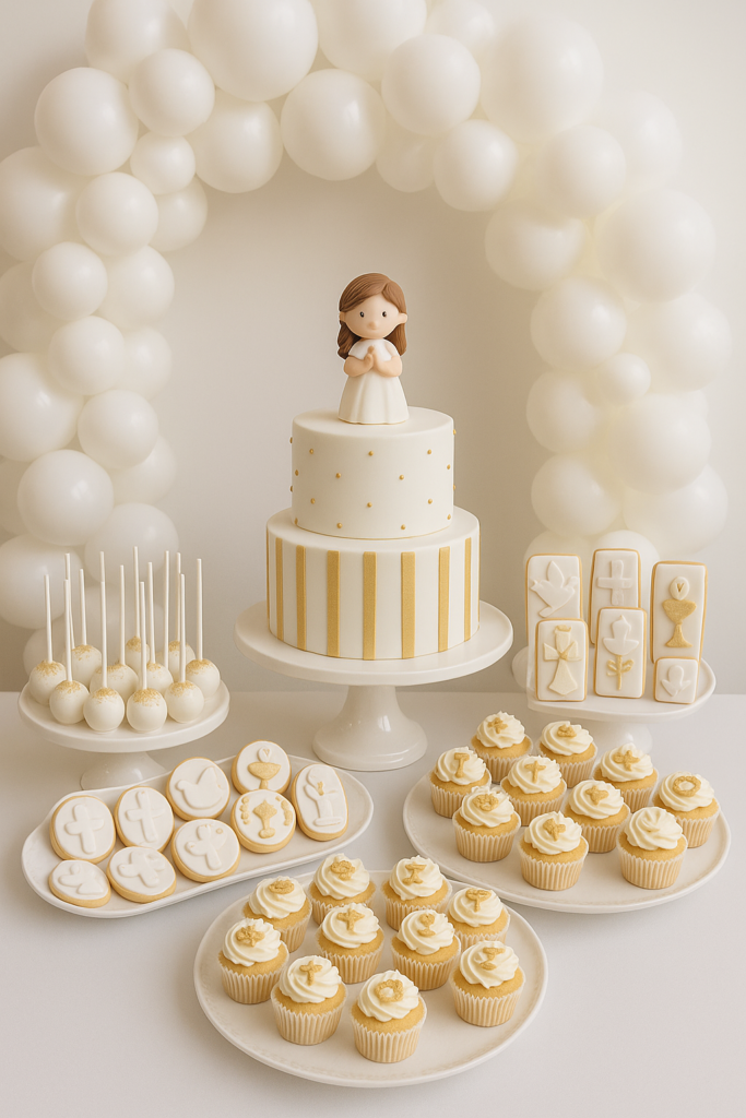 Mesa dulce de Primera Comunión para niña con decoración en dorado y blanco, tarta, cupcakes, cake pops y galletas.