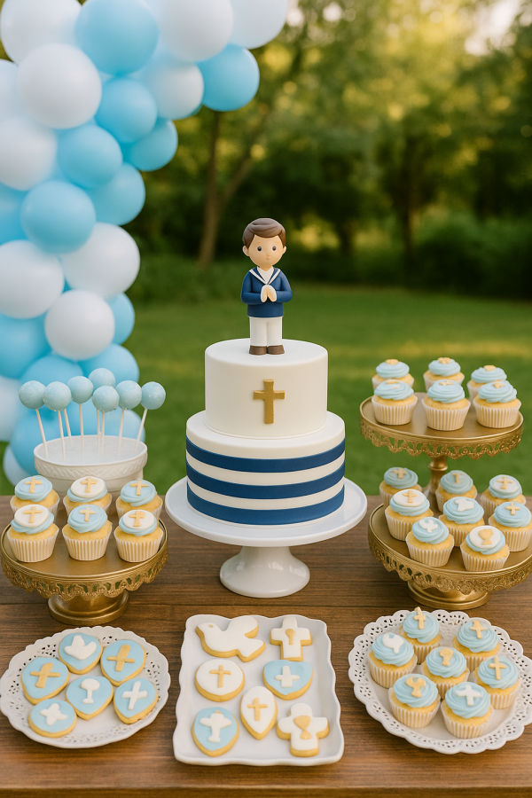 Mesa dulce de Primera Comunión para niño con temática marinera, con tarta, cupcakes, cake pops y galletas decoradas.