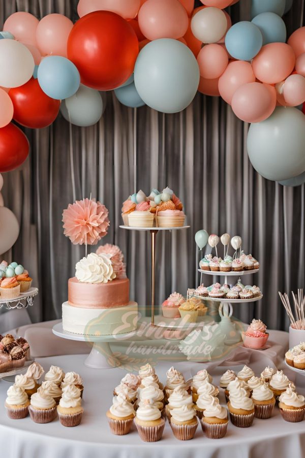 Mesa dulce decorada para eventos en Madrid con cupcakes, cakepops, donuts y tarta personalizada